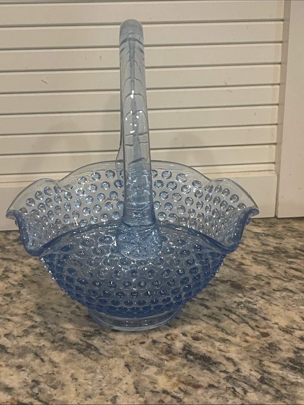 LE Smith Glass Ice Blue Handled Hobnail Basket